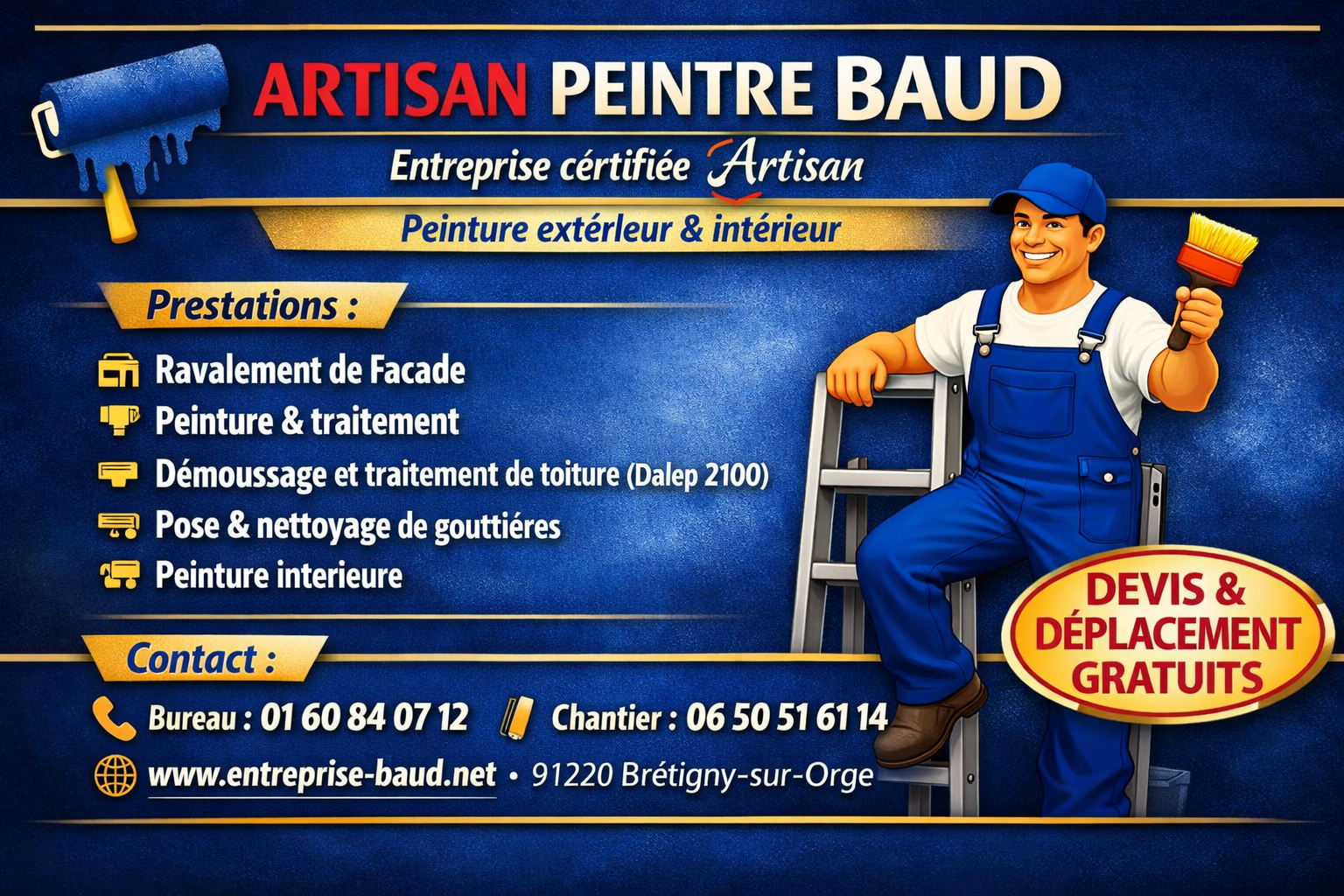 Publicité pour Artisan Peintre Baud montrant un peintre en bleu sur une échelle avec liste de prestations et contacts au bas de laffiche