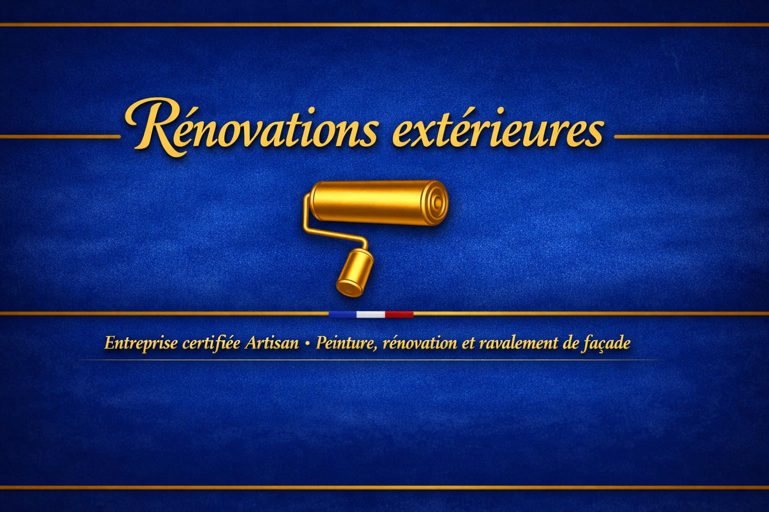 Blue textured banner with gold Rénovations extérieures text and a gold paint roller icon in the center