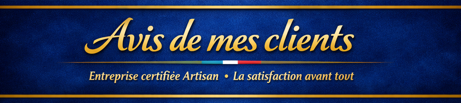 avis clients ent baud Entreprise BAUD Blue textured banner with gold script reading Avis de mes clients plus a small French flag stripe and the subtitle Entreprise certifiée Artisan La satisfaction avant tout