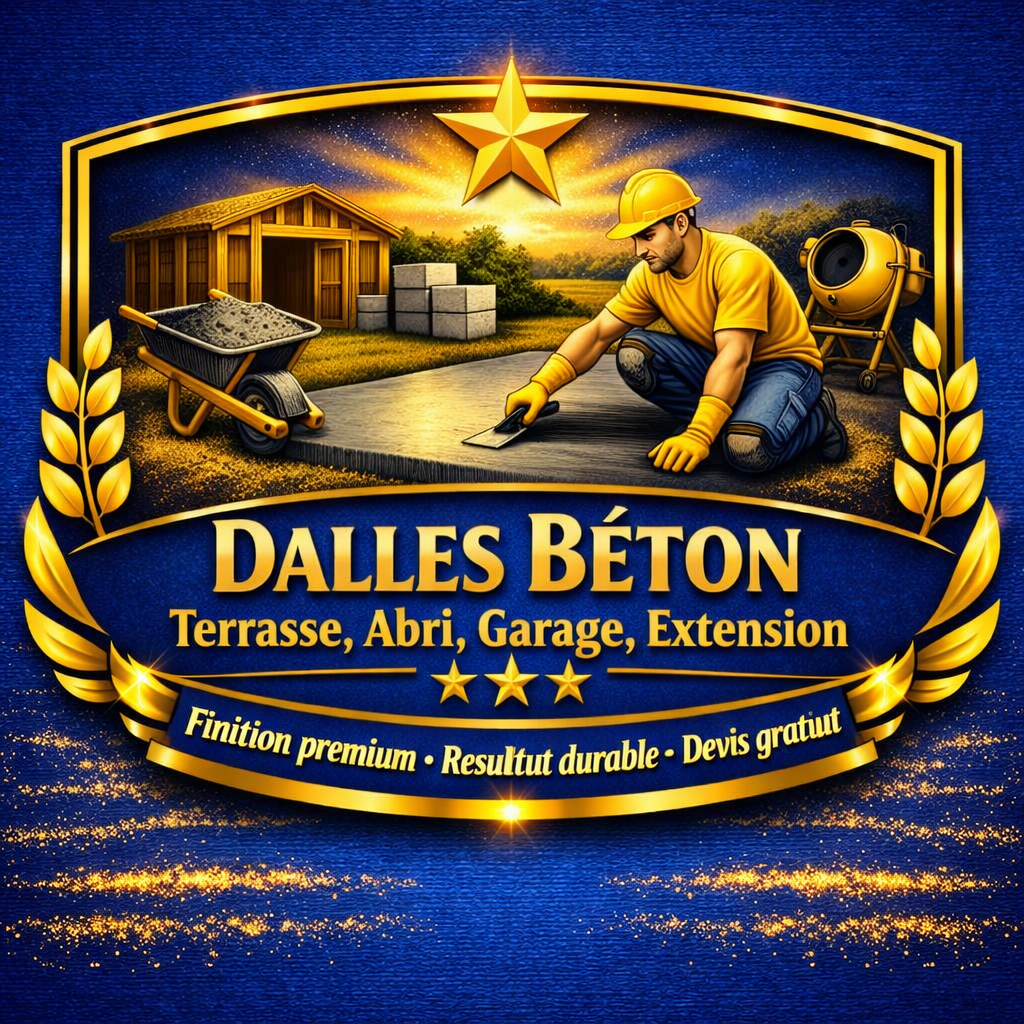 Brand logo for Dalles Béton showing a worker smoothing concrete on a new sidewalk near a shed framed by gold laurel and a star on a blue background