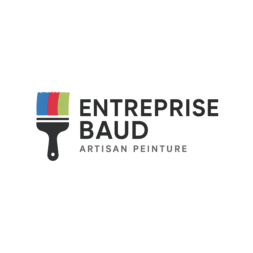 Logo for Entreprise Baud, artisan peinture, with a paintbrush icon and blue red yellow brush strokes and bold text on a gray background.
