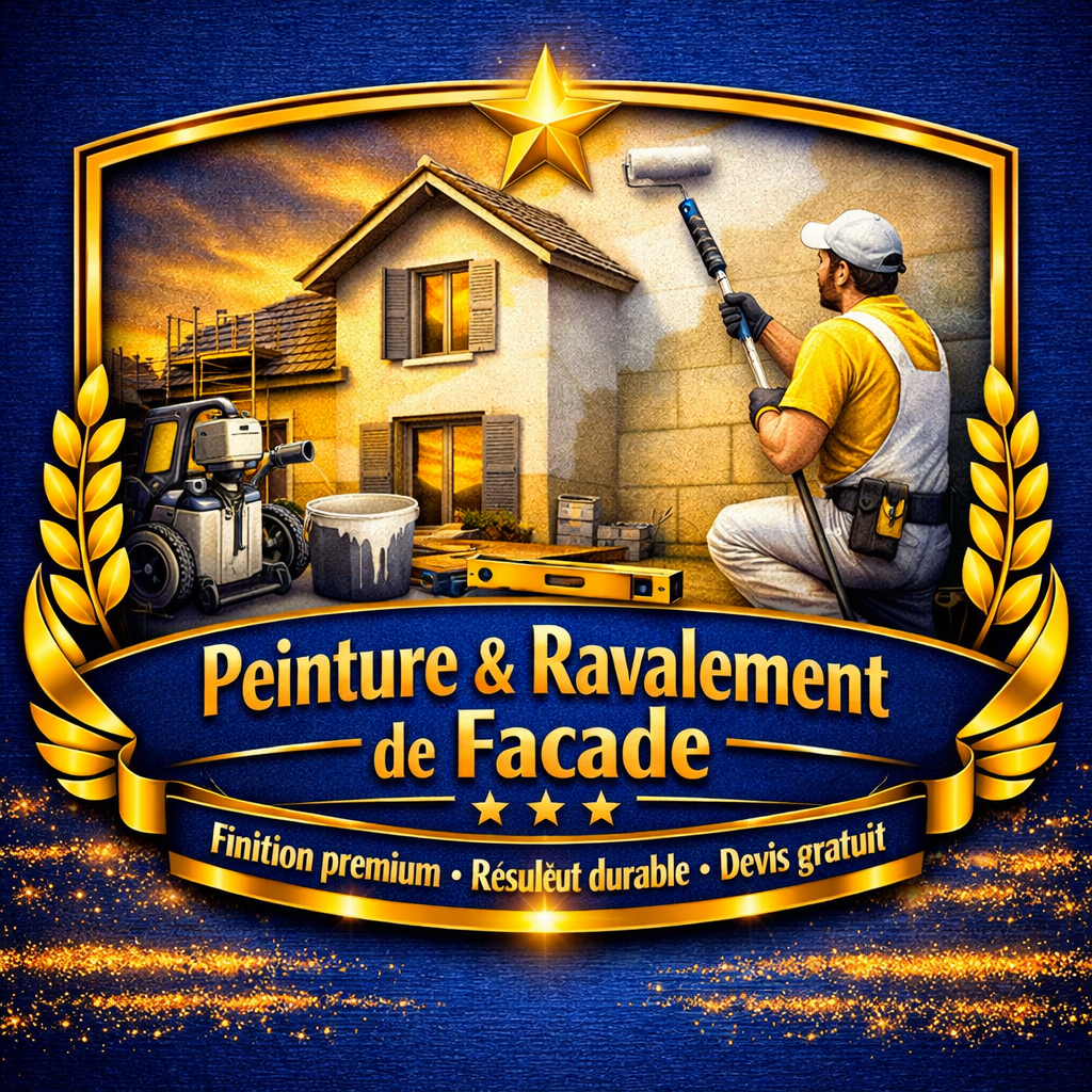 Promotional badge for facade painting with a worker painting a house gold laurel border and French text
