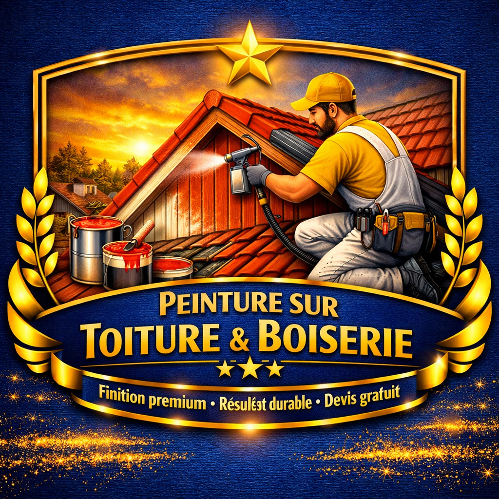 Badge style advertisement a painter on a red tiled roof spraying paint framed by gold laurels and a blue ribbon reading Peinture sur Toiture  Boiserie with taglines below