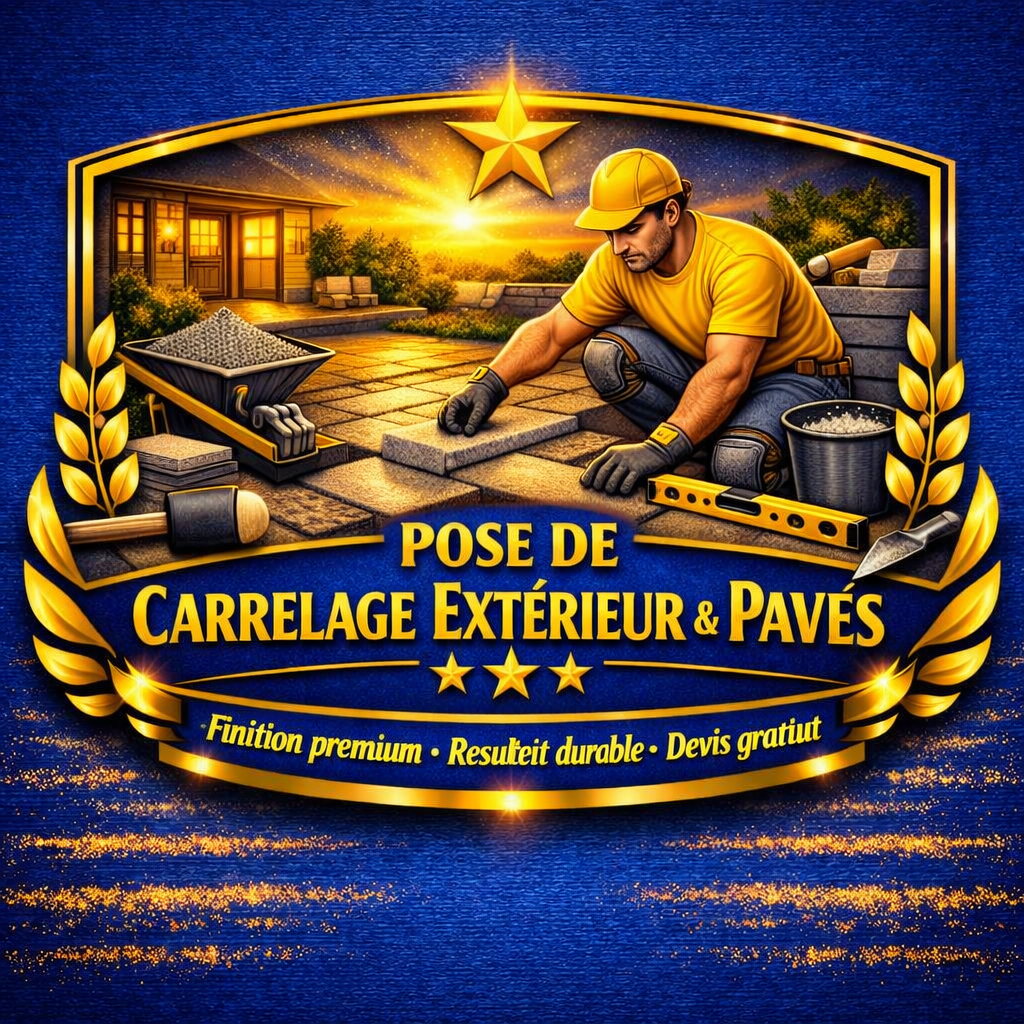 Logo advertising outdoor tiling and paving showing a worker laying pavers at sunset with a gold banner and stars at the top