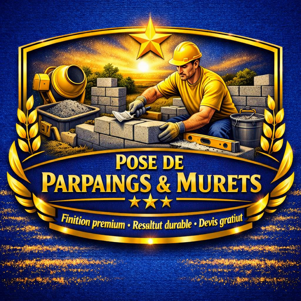 Gold badge featuring a construction worker laying bricks with trowel cement mixer and blocks on a blue background with the text Pose de parpaings  murets and a star emblem